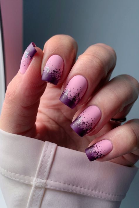 Step up your fall fashion game with this stunning nail design! Featuring a pink base blended into a deep purple ombre, this look is topped off with glitter accents, making it the perfect trendy choice for fall. If you're looking for fall nail ideas that combine elegance and a bit of sparkle, this design is sure to turn heads. Fall Nails Pink, Nails Pink Purple, Vibrant Nail Designs, Fall Nail Design, Fall Nail Ideas, Vibrant Nails, S Nails, Purple Ombre, Nails Pink