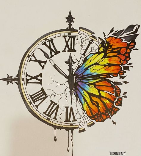 Butterfly Creative Drawing, Butterflies Drawing Aesthetic, Beautiful Butterflies Drawing, Butterfly Art Work, Art Sketches Butterfly, Clock Aesthetic Drawing, Acknowledgement For Physics Project, Butterfly Aesthetic Art, Grunge Art Aesthetic Drawing