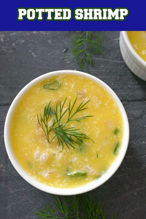 Potted Shrimp, a fantastic seafood appetizer for every party or celebration. Made with cooked shrimp, and flavoured with garlic, lemon juice, spring onions, fresh parsley and dill, the shrimp is then covered with melted butter which sets beautifully to create the most delicious dish you can possibly get. Crusty Bread Recipe, Potted Shrimp, Cooked Shrimp, Delicious Appetizer Recipes, Finger Foods Easy, Seafood Appetizers, Spring Onions, Shrimp Dishes, Yummy Dips