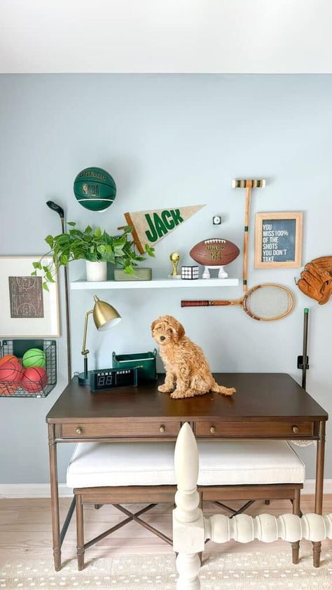 Check out Jack’s preteen boy room filled with functional decor and organization. #arinsolangeathome #amazonfinds #homedecor Preteen Boys Room, Name Pennant, Custom Pennants, Goldendoodle Puppies, Goldendoodle Puppy, Percale Sheets, Functional Decor, Clever Storage, Boys Room