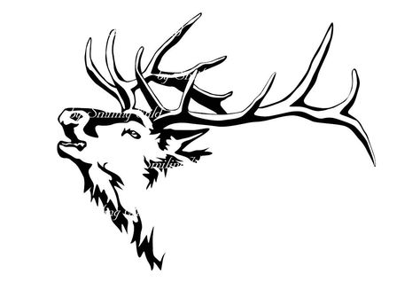 Elk Bugling Tattoo, Elk Silhouette Tattoo, Elk Silhouette Printable, Elk Head Silhouette, Elk Hunting Tattoos, Elk Line Art, Elk Antlers Drawing, Simple Elk Drawing, Elk Skull Drawing