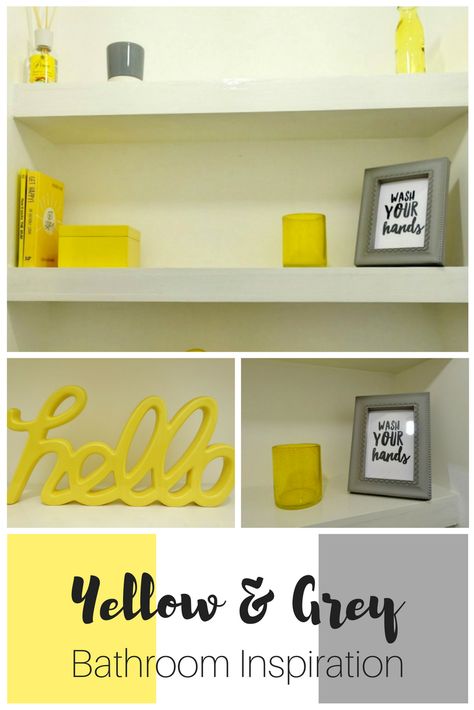 Yellow & Grey accessories for the bathroom / downstairs toilet - decor inspiration Gray And Yellow Bathroom Ideas, Grey And Yellow Bathroom Ideas, Gray And Yellow Bathroom, Black And Beige Bathroom, Yellow Bathroom Ideas, Yellow And Grey Bathroom, Bathroom Inspiration Grey, Yellow Bathroom Walls, Yellow Grey Bathroom