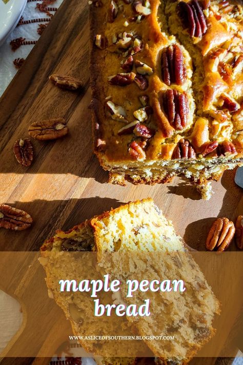 Maple Pecan Bread: Winter breakfast is oh so comforting when you slice into a piece of the most heavenly moist and tender quick bread that's filled with maple goodness and toasty pecans! - Slice of Southern Holiday Quick Breads, Maple Bread Recipe, Desserts Table Ideas, Christmas Holiday Desserts, Pecan Bread Recipe, Breads To Make, Desserts For Thanksgiving, Maple Sweet Potatoes, Pecan Bread