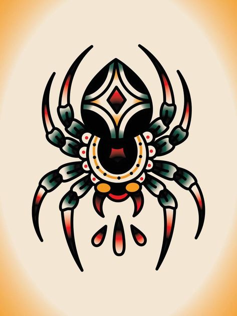 Coloured Tattoo Designs, American Trad Spider Tattoo, American Traditional Tarantula Tattoo, Old School Wrist Tattoo, Spider Tattoo American Traditional, Traditional Spider Tattoo Flash, Old School Halloween Tattoo, American Traditional Spine Tattoo, Old School Spider Tattoo