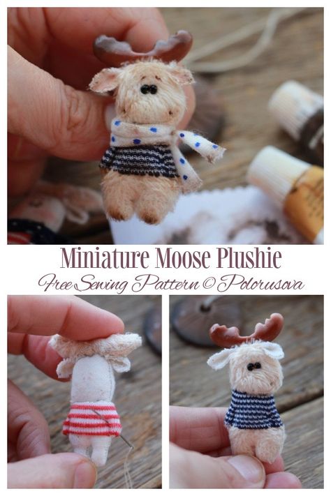 DIY Fabric Miniature Moose Plushie Free Sewing Pattern | Fabric Art DIY Mini Doll Sewing Pattern Free, Mole Plush Pattern, Miniature Stuffed Animal Patterns, Sewing Patterns Free Plushies, Moose Sewing Pattern, Plushie Inspiration, Fabric Toys Diy, Artisan Cafe, Fabric Art Diy