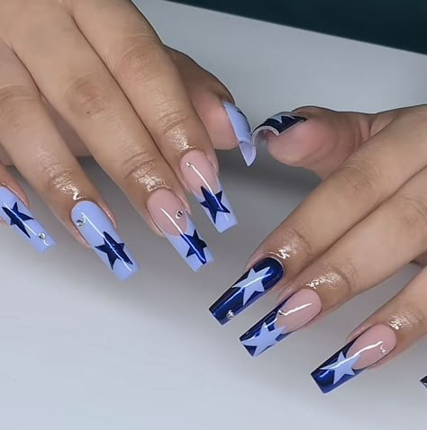 The latest nail style trend to hit Instagram is a creative way to celebrate the season. Users are uploading images of nails painted to look like the knit sweaters that are perfect for this time of the year.  . Blue Nails Ideas Design, Colorfull Nails 2023, Y2k Nails Blue, Nails Acrylic Y2k, Star Nails Y2k, Pretty Nail Designs Acrylics, Kylie Nails, Unghie Nail Art, Retro Nails