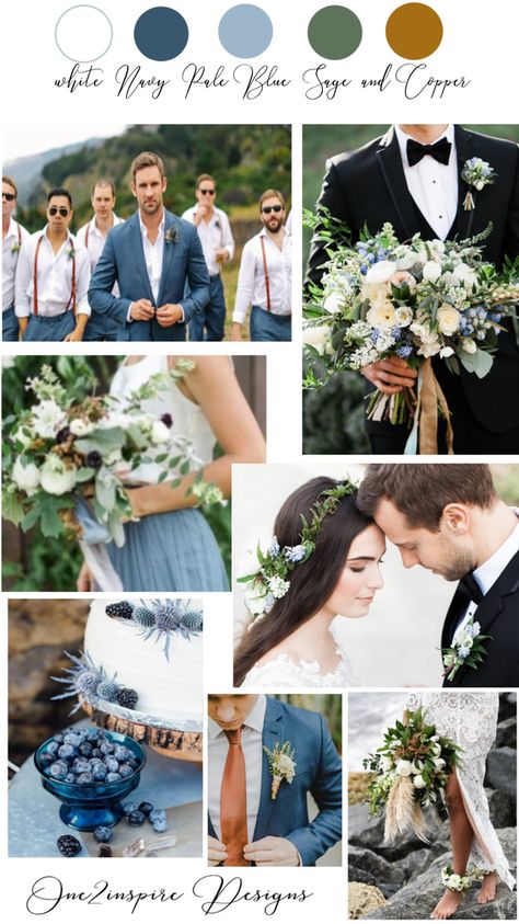 Rustic Blue Navy White Green Wedding, Navy Colour Palette Wedding, Navy Sage White Gold Wedding, Dusty Blue Sage And Gold Wedding, Navy Gold Green Color Scheme, Navy Blue Sage Green Wedding Color Palettes, Navy Sage And White Wedding, Rustic And Navy Blue Wedding, Blue Green Gold Color Palette Wedding