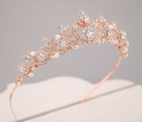 "Rose gold Bridal tiara Rose gold Wedding crown Rhinestone crystal tiara Vintage style wedding tiara Bridal headband headpiece This elegant and sparkle rhinestone Tiaras is perfect for your wedding or formal night out. This Tiaras is flexible. It will be perfect for the bride. The Metal Headband measured approx. 14\" long. The rhinestone part of the headband is about 7.25\" long and the center is 1.5\" high. Tone color: Silver tone, Gold tone and Rose gold tone. Pearl color : Swarovski white pea Rose Gold Wedding Crown, Wedding Tiara Pearl, Gold Crown Headband, Rose Gold Tiara, Pearl Bridal Headband, Crystal Bridal Tiaras, Pretty Jewelry Necklaces, Metal Headband, Crystal Tiara