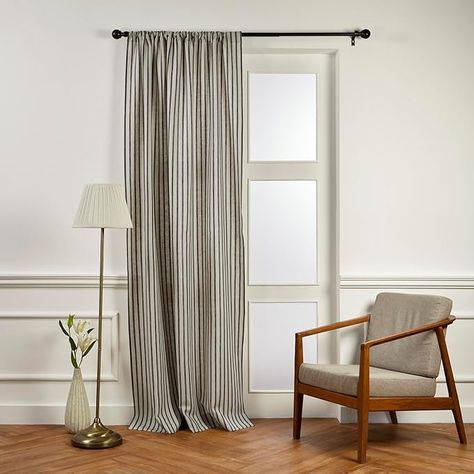 Amazon.com: Solino Home 100% Pure Linen Curtain 84 Inches Long – Black and Natural Light Filtering Rod Pocket Curtain 52 x 84 Inch – Window Curtain Panel for Bedroom, Living Room – Madison Stripe : Home & Kitchen Pinstripe Curtains, Linen Curtains Kitchen, Tablecloth Curtains, Dark Curtains, Striped Tablecloths, Drop Cloth Curtains, Linen Curtain, Striped Curtains, Black Curtains