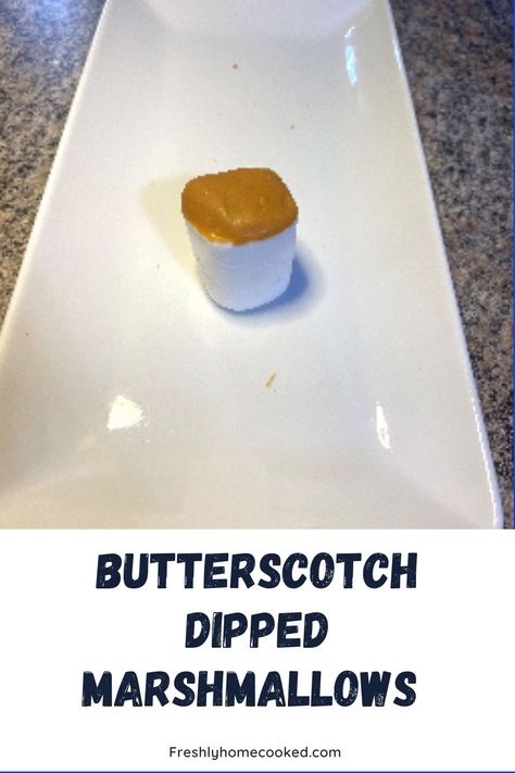 Marshmallows dipped in melted butterscotch baking chips. Homecooked Recipes, Dipped Marshmallows, Baking Chips, Marshmallow Dip, Two Ingredient, Homecooked Meals, Butterscotch Chips, Baked Chips, Easy Treats