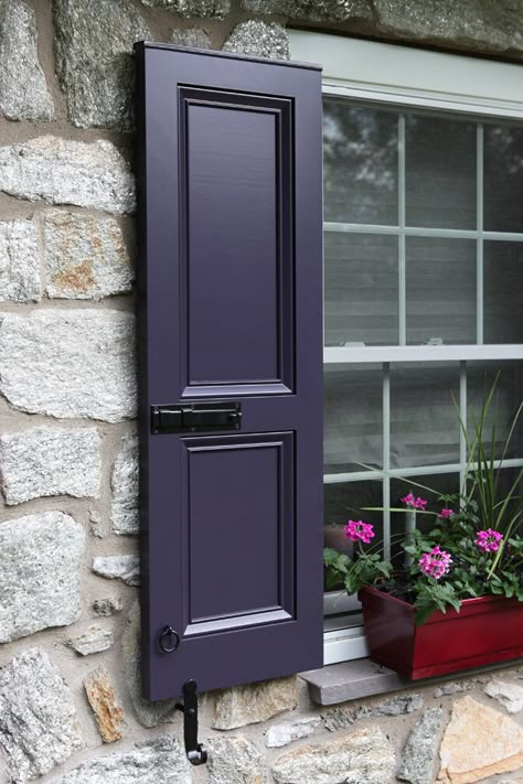 Purple Shutters On House, Eggplant Exterior House Color, Purple Front Door Grey House, Grey House Purple Door, Eggplant Front Door, Purple Exterior House Colors, Rustic Window Shutters, Window Shutters Inside, Purple Shutters