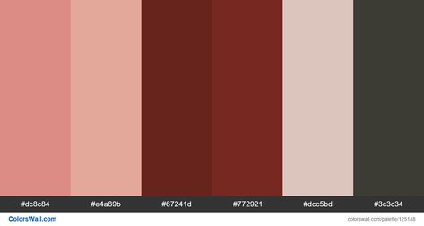 Design gradient root chakra typography palette #dc8c84, #e4a89b, #67241d, #772921, #dcc5bd, #3c3c34 Brand original color codes, colors palette. Root Chakra Color Palette, Chakra Color Palette, Chakra Colors, Colors Palette, Color Codes, Hex Colors, Root Chakra, Color Coding, Chakra