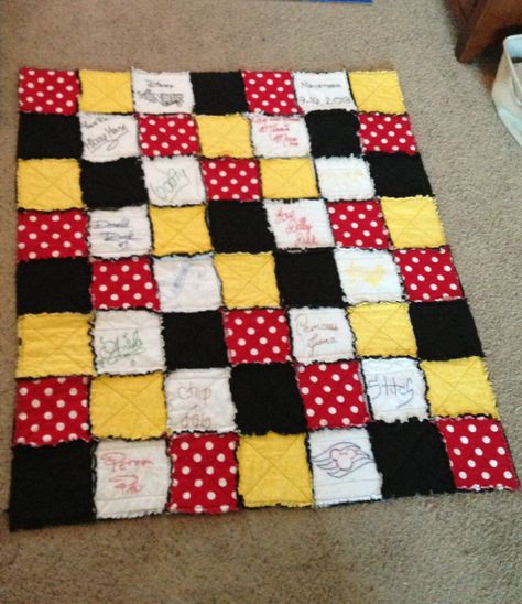 Disney Cruise autograph rag quilt. Each autograph is hand embroidered. Autograph Quilt, Autograph Ideas, Mickey Mouse Quilt, Disney Autograph, Disney Quilt, Disney Diy Crafts, Rag Quilts, Signature Quilts, Disney Ideas