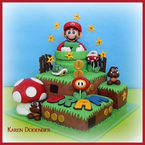 My first Mario cake! - Cake by Karen Dodenbier Super Mario Birthday Cake, Super Mario Cartoon, Mario Kart Cake, Birthday Cake Pop, Mario Cartoon, Mario Birthday Cake, Super Mario Cake, Super Mario Bros Birthday Party, Paw Patrol Birthday Cake