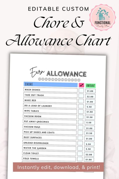 An editable and printable chore chart. Keep track of chores completed and allowance earned. Add your own chores easily, with money amounts, download & print! Allowance Tracker, Chores And Allowance, Allowance Chart, Editable Chore Chart, Kids Responsibility Chart, Reward System For Kids, Chore Checklist, Kid Responsibility, Responsibility Chart