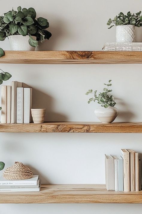 Add style and storage with DIY floating shelves, perfect for a minimalist look that’s both functional and sleek. #FloatingShelves #MinimalistDIY Shelves For Dining Room Wall, How To Make Floating Shelves Diy Simple, Natural Wood Shelves Living Room, Diy White Oak Floating Shelves, Floating Shelf Ideas For Living Room, Floating Shelf Lighting Ideas, Half Bath Floating Shelves, Floating Shelves Living Room Diy, Single Floating Shelf Decor