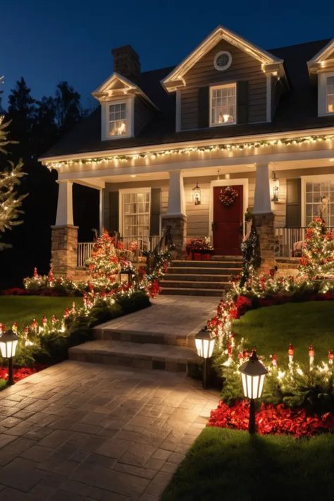 Make your home's exterior shine with these sophisticated outdoor lighting concepts. Learn how to create a warm, welcoming ambiance that's both festive and refined. Christmas Light Exterior Ideas, Classy Christmas Home Decor, Classy Outdoor Christmas Decorations, Classy Christmas Decor Outdoor, Elegant Outdoor Christmas Decorations, Classy Outdoor Christmas Lights, Classy Outdoor Christmas Decor, Exterior Christmas Lights Ideas, Christmas Lights On House Exterior