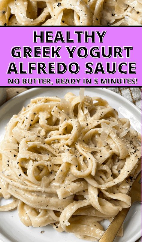 Greek Yogurt Alfredo - Hello Spoonful Yogurt Alfredo Sauce, Greek Yogurt Alfredo Sauce, Greek Yogurt Pasta, Greek Yogurt Sauce, Healthy Sauces, Healthy Greek Yogurt, Protein Pasta, Greek Yogurt Recipes, Alfredo Sauce Recipe