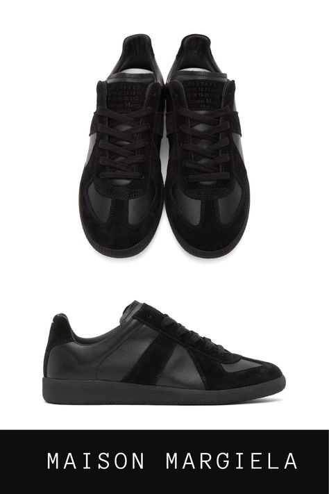 Maison Margiela Black Replica Sneakers. Low-top panelled buffed calfskin and suede sneakers in black. Round toe. Tonal lace-up closure. Logo patch at padded tongue. Trippy Pictures, Maison Margiela Replica, Margiela Replica, Varsity Hoodie, Suede Sneakers, Black Sneakers, Fitted Hat, Top Model, All Black Sneakers