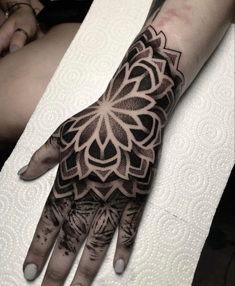 Dot Work Hand Tattoo, Mandala Hand Tattoo For Women, Hand Mandala Tattoo, Side Hand Tattoo, Mandala Hand Tattoo, Geometric Tattoo Hand, Hand Mandala, Dotwork Tattoo Mandala, Geometric Tattoo Sleeve Designs