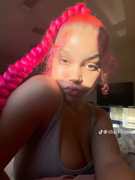 Braided Pink Hair Hairstyles, Pink Ponytail Black Women, Pink Hair Black Women Braids, Feed In Braids Color, Pink Braided Ponytail, Pink Hairstyles Black Women, Pink Hair Braids, Two Feed In Braids, Pink Braids Black Women