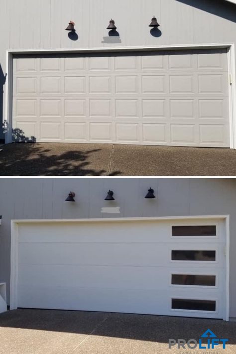 Garage Door With Side Windows, White Modern Garage Door, White Garage Doors With Windows, Garage Window Ideas, Modern Garage Doors With Windows, Garage Doors White, Garage Door White, Steel Garage Door, Wayne Dalton Garage Doors