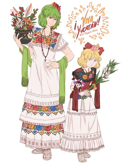 Mexican-theme dressed Yuuka and Medicine! Mexican Theme Dresses, Illustrated Clothing, Mexico Fashion, Illustration Journal, Mexican Culture Art, Different Kinds Of Art, Mexican Fashion, Snoopy Images, Mexico Art