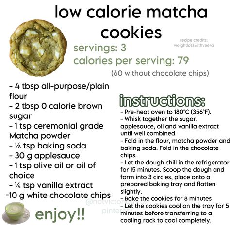 Low Calorie Deficit, Snack Low Calorie, Food Low Calorie, Matcha Cookies Recipe, Food Minimalist, Calorie Counting Diet, Low Cal Breakfast, Cookie Chocolate Chip, Karina Fancam