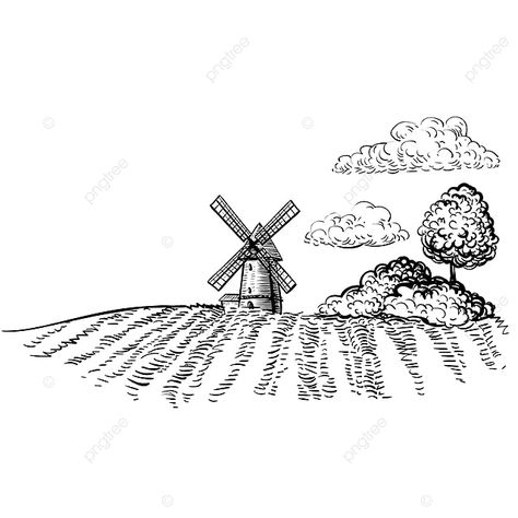 Agriculture Aesthetic Drawing, Farm Land Drawing, Old Book Illustration Black And White, Farm Background Drawing, Agriculture Drawing Ideas, Farm Sketch Simple, Country Side Drawing, Farm Drawing Easy, Windmill Sketch