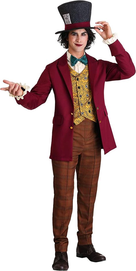 Mens Mad Hatter Costume, Mad Hatter Outfit, Maroon Hat, Mad Hatter Top Hat, Hatter Costume, Mad Hatter Costume, Maroon Jacket, Alice In Wonderland Costume, Yellow Vest