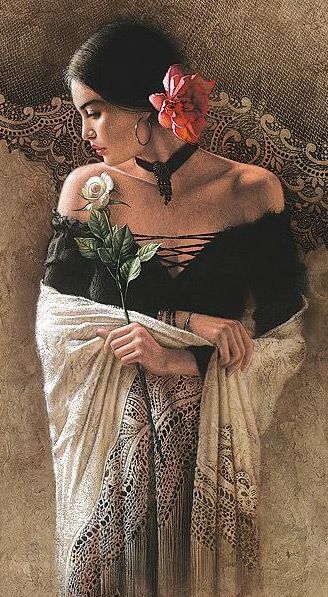 Que Bonita Santa Sara, Spanish Woman, Spanish Art, Chicano Art, Mexican Culture, Mexican Art, White Rose, American Art, Flowers In Hair