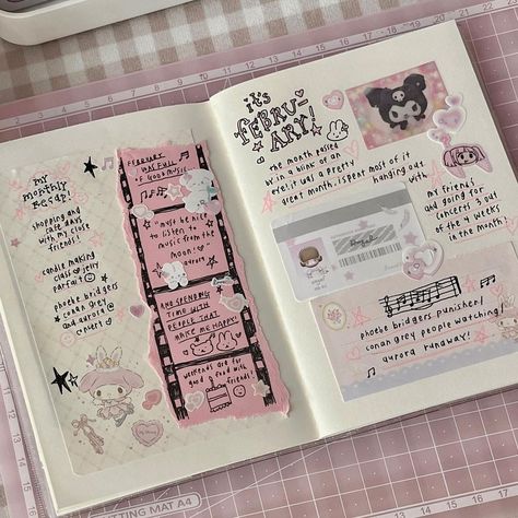 Bult Journal Ideas, Journal Receipt Page, Sanrio Scrapbook Ideas, Scrapbook Ideas Coquette, Sanrio Journal Ideas, Kuromi Scrapbook, Journal Ideas Pink, Kawaii Journal Ideas, Interactive Journal Ideas