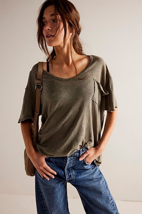 The *only* tee you need from our We The Free collection, featured in a soft cotton-linen blend and slouchy silhouette with a deep V-neckline and chest-pocket detailing. **Fit:** Slouchy, oversized fit **Features:** Soft cotton-linen blend with a lightweight feel, deep V-neckline, drop-shoulder sleeves, chest-pocket detail, raw seaming throughout **Why We ❤ It:** This easy tee is a wear-everywhere wardrobe staple. | We The Free All I Need Tee at Free People in Green, Size: XS Dried Basil, Slouchy Tee, Free People Style, Mom Outfits, Pocket Detail, Clothes Gift, Fashion Tees, Boho Outfits, Cotton Linen