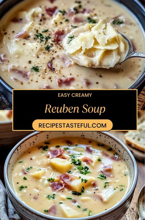 Warm up with a bowl of creamy Reuben soup that captures all the classic flavors of your favorite sandwich in a comforting dish. This simple recipe combines tender corned beef, tangy sauerkraut, and creamy broth for a delicious twist on a traditional favorite. Perfect for a cozy night in or impressing guests with something unique, this soup is both hearty and satisfying. Easy to make and packed with flavor, it's sure to become a staple in your recipe collection. Creamy Reuben Soup Recipe, Easy Creamy Reuben Soup, Ruben Soup Creamy Crockpot, Creamy Sauerkraut Soup, Creamy Pickle Soup, Crockpot Reuben Soup, Ruban Soup, Rueben Soup Recipes, Heavy Cream Soup Recipes