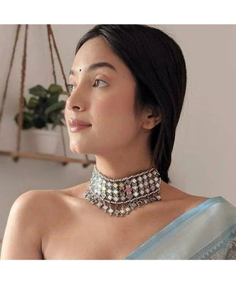 AFGHANI MIRROR CHOKER NECKLACE Oxidised Jewellery Necklaces, Jewellery Shots, Elegant Office Wear, Choker Jewellery, Stone Necklace Set, Boho Choker, Thread Jewellery, Choker Necklace Set, Silver Choker