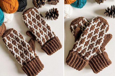 Modish Mosaic Mittens - Free Crochet Pattern Mosaic Crochet Mittens, Mittens Crochet Pattern, Mittens Crochet, Tiny Curls, Crochet Mosaic, Cotton House, Chevron Stitch, Crocodile Stitch, Mosaic Crochet