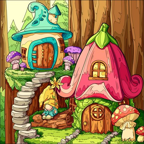 Village Drawing, Gnome Village, Fantasy Cottage, Story Drawing, Storybook Cottage, Garden Whimsy, Frog Art, House Illustration, Coloring Apps