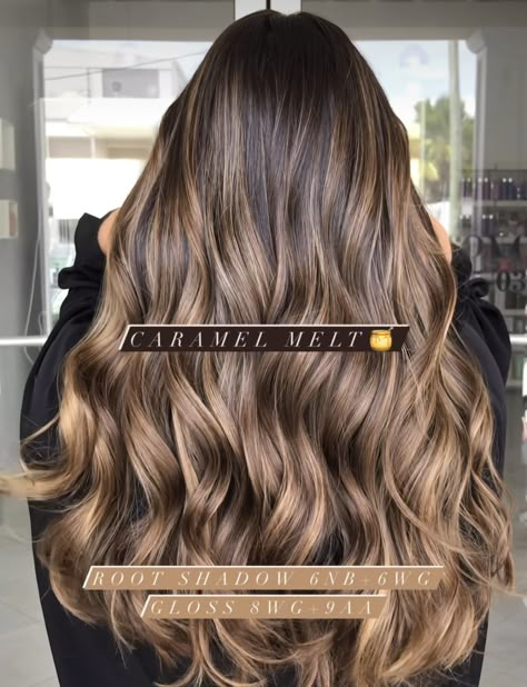 Hair Color Ideas Balayage Caramel, Caramel Balayage Toner Formula, Caramel Hair Shades Eq, Carmal Highlight Formula, 6n Hair Color With Balayage, Caramel Highlights Toner Formula, Dark Brown And Honey Balayage, Honey Brown Redken Formula, Reverse Balayage Caramel