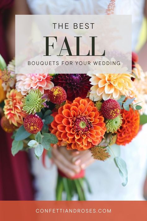 Create a memorable fall wedding with an elegant boho bouquet. Find simple and colorful ideas for white bouquets that are perfect for September, October, and November weddings. Fall Wedding Bouquets Fake Flowers, Fall Wedding Flowers Bouquets, Classic Fall Wedding Flowers, October Wedding Flower Ideas, Bright Fall Bouquet, September Wedding Flowers In Season Bridal Bouquets, Wedding Bouquets For Fall, Fall Wedding Bouquets October Simple, September Flowers In Season Weddings