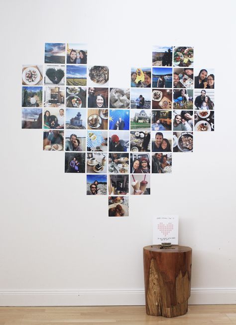 Fun & oversized Valentine's Day "card": a heart made of photos from memorable dates and significant moments Heart From Pictures On The Wall, Photo Heart Wall, Love Heart Picture Wall, Love Heart Photo Wall, Heart Shaped Polaroid Wall, Heart Photo Walls, Photos In Heart Shape On Wall, Heart Shape Polaroid Wall, Feather Crafts Diy