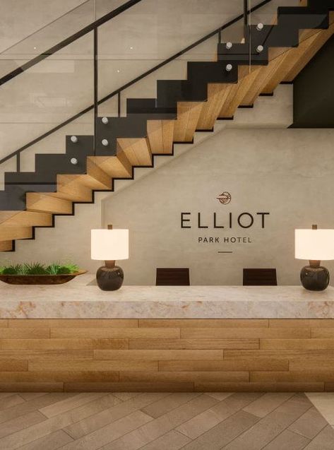 Elliot Park Hotel Minneapolis lobby Hotel Lobby Ideas Reception Areas, Hotel Stairs Design, Boutique Hotel Lobby Design, Industrial Chic Lobby, Cool Hotel Lobby Design, Small Hotel Lobby, Hotel Entry, Industrial Hotel Lobby Design, Lobby With Stairs