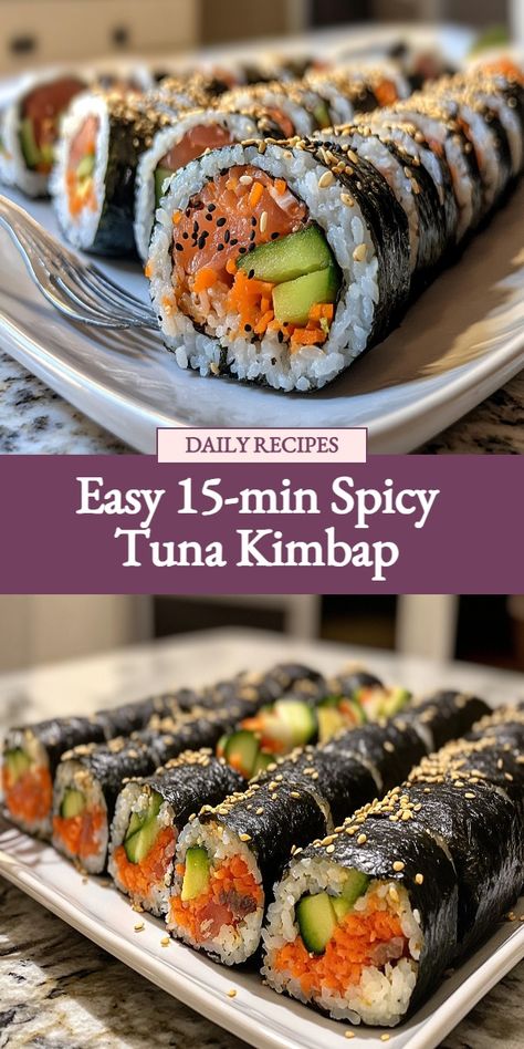 Looking for a quick and delicious Korean snack? Try this Easy 15-min Spicy Tuna Kimbap recipe! Made with seasoned rice, spicy tuna, pickled radish, cucumbers, eggs, and seaweed, this roll is bursting with flavor and perfect for a light meal or on-the-go snack. It's easy to prepare and will satisfy your cravings in no time. Impress your friends and family with this homemade Korean favorite today! Tuna Kimbap Recipe, Tuna Kimbap, Kimbap Recipe, Korean Sushi, Pickled Radish, Pickled Radishes, Korean Snacks, Spicy Tuna, Seasoned Rice