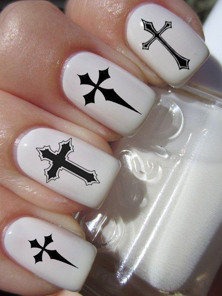 Cross Design Nails, Cross Nails Tattoo, Crucifix Nails, Crucifix Nail Art, Crucifixion Nails Tattoo, Cross Nails Stickers, Christian Nail Art, Nails With Cross, Cross Nail Designs