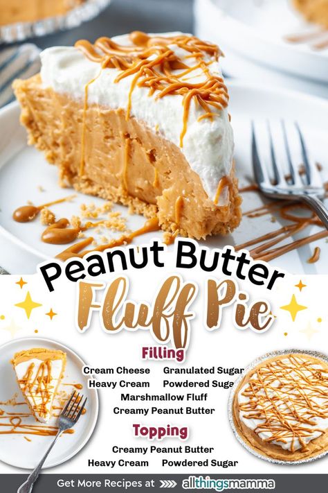 slice of Peanut Butter Fluff Pie served on a white plate. ingredients to make Peanut Butter Fluff Pie. Fluffernutter Pie, Peanut Butter Fluff, Peanut Butter Dessert Recipes, Fluff Desserts, Cream Pie Recipes, Peanut Butter Desserts, Cracker Crust, Bake Dessert, Butter Pie