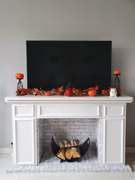 Diy Fireplace Ikea Hack, Fake Fireplace Ideas Bedrooms, Fake Wall Fireplace, Faux Fireplace Ikea Hack, Ikea Faux Fireplace, Ikea Mantle Hack, Faux Fireplace Cabinet, Diy Fireplace Apartment Faux Mantle, How To Make A Faux Fireplace Mantel