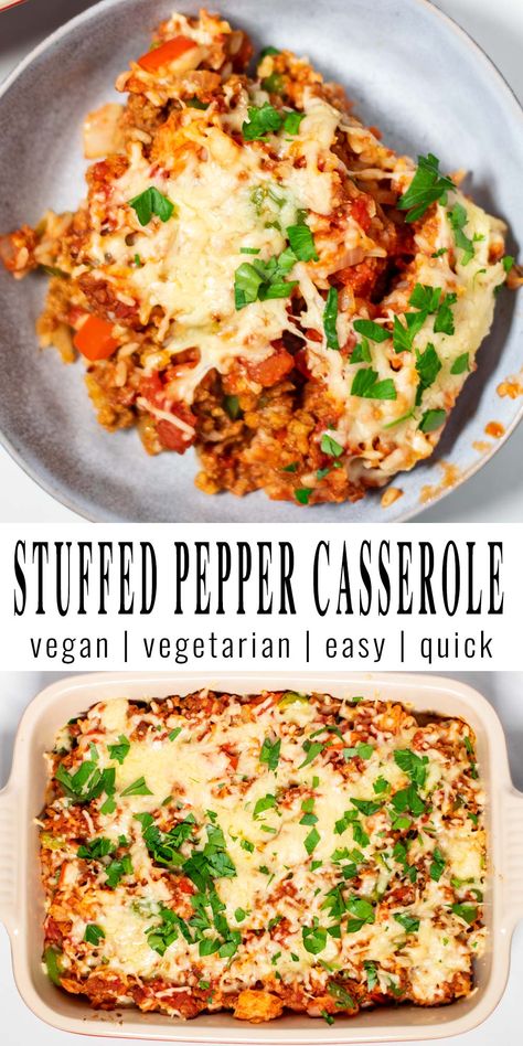 Stuffed Pepper Casserole is made with bell peppers, rice, vegan ground beef, amazing seasonings and baked to cheesy perfection. It is an amazing comfort meal with all the flavors you love and know from stuffed peppers, but with no effort or work involved. #vegan #dairyfree #dinner #vegetarian #lunch #contentednesscooking #stuffedpeppercasserole Best Vegan Stuffed Peppers, Pepper Rice Casserole, Vegan Recipes Casserole, Bell Pepper Vegan Recipes, Bell Pepper Recipes Stuffed Vegetarian, Vegan Unstuffed Peppers, Stuffed Pepper Casserole Vegetarian, Vegan Recipes With Bell Peppers, Tofu Stuffed Peppers