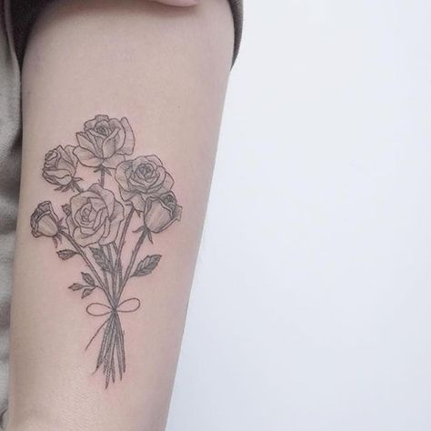 Floral bouquet tattoo by Lindsay April inked on the left arm Flower Bouquet Tattoo, Bouquet Tattoo, Skeleton Hand Tattoo, Aesthetic Tattoo, Hand Drawn Flowers, Little Tattoos, Line Tattoos, Couple Tattoos, Rose Tattoos