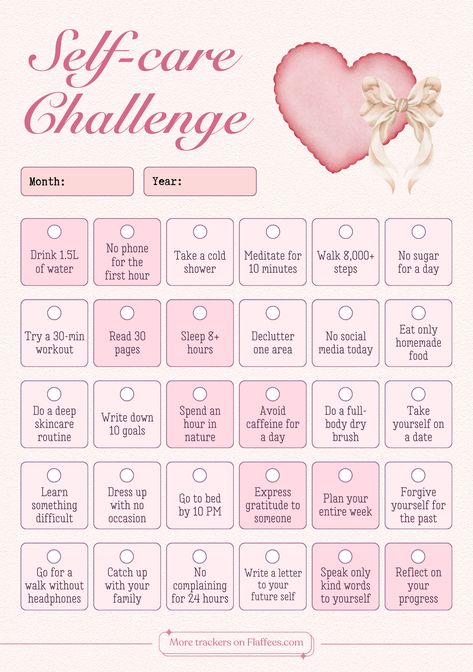 Start your 30-day self-care challenge and improve your physical and mental well-being every day! 💖 This step-by-step self-care plan will guide you toward a full transformation, helping you build confidence, enhance your beauty, and boost your self-love. Follow along to make a real glow up in just 30 days! Save this pin and like if you're ready to embrace this self-care journey and become your best self! ✨ March Self Care Challenge, 30 Days Challenge Self Care, Self Care Guide, Learning Express, Self Care Plan, Bullet Journal Ideas Templates, Self Care Challenge, Challenges To Do, 30 Day Health Challenge