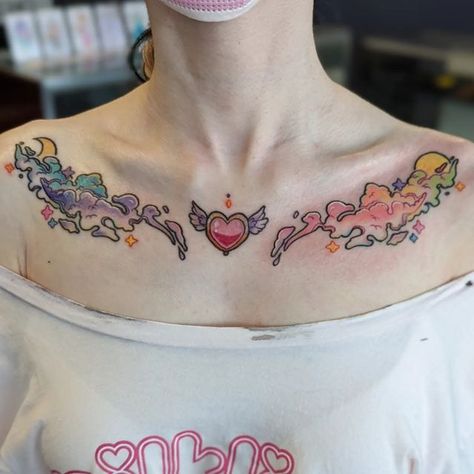 Rosie Cole on Instagram: "Got to do these super fun rainbow collar bone clouds for the delightful Mia! 🌈 Thank you so much for the trust and the fun project 💖💖 . . . . . . . . . . #michigantattooers #michigantattooartist #collarbonetattoo #rainbowtattoo #pasteltattoo #kawaiitattoo" Michigan Tattoos, Icarus Tattoo, Pastel Tattoo, Rainbow Tattoo, Unique Butterfly Tattoos, Rainbow Tattoos, Kawaii Tattoo, Butterfly Tattoos, Butterfly Tattoo Designs