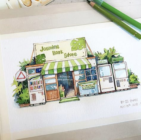 심플한 그림, Watercolor Architecture, Building Illustration, Watercolor Art Paintings, Seni Dan Kraf, Drawing Watercolor, Architecture Drawing Art, Building Art, Arte Sketchbook